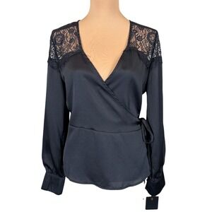 NWT Takara‎ Wrap Blouse Lace Trim Long Sleeve Elegant Top Black Medium